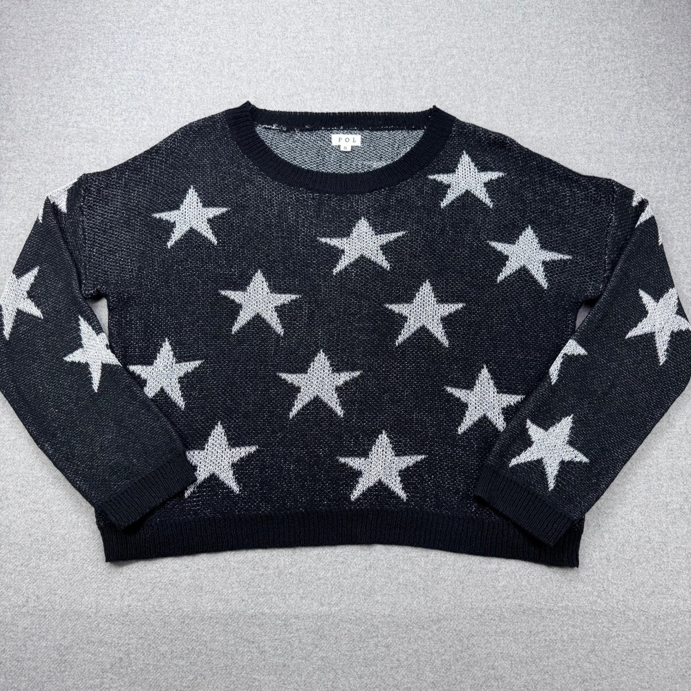 POL Anthropologie Sweater Womens Small Black Star Knit Oversized Boxy Crewneck